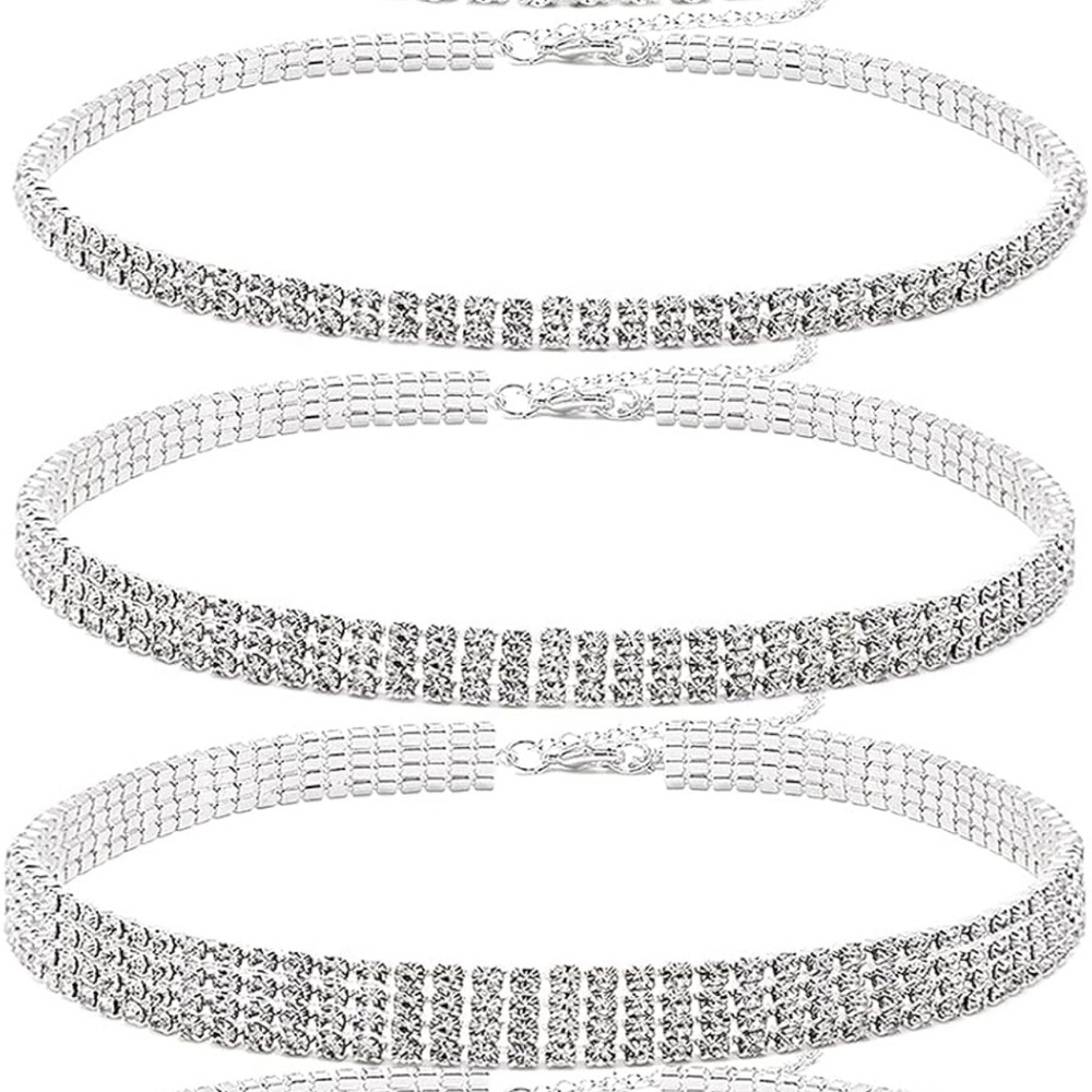 Silver Rhinestone Choker Necklaces-set of 5
